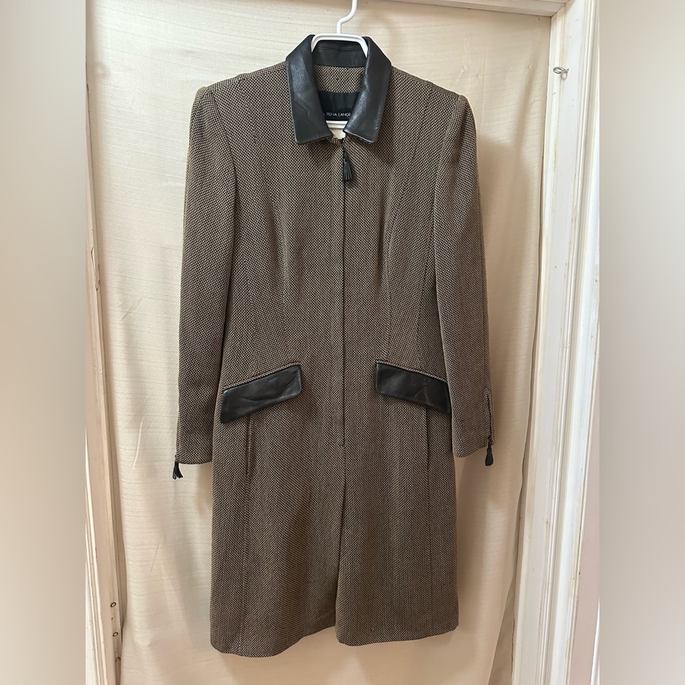 Vintage Rena Lange Wool Leather Trim Zip Long Coat Jacket German Designer Luxe